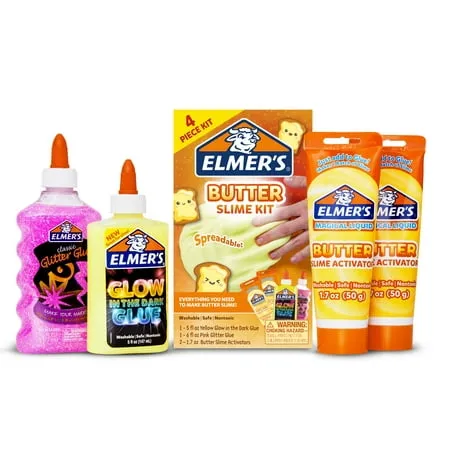 Kit de baba de mantequilla de Elmer, incluye pegamento que brilla en la oscuridad de Elmer, pegamento de purpurina de Elmer, activador de limo de mantequilla de Elmer, 4 unidades