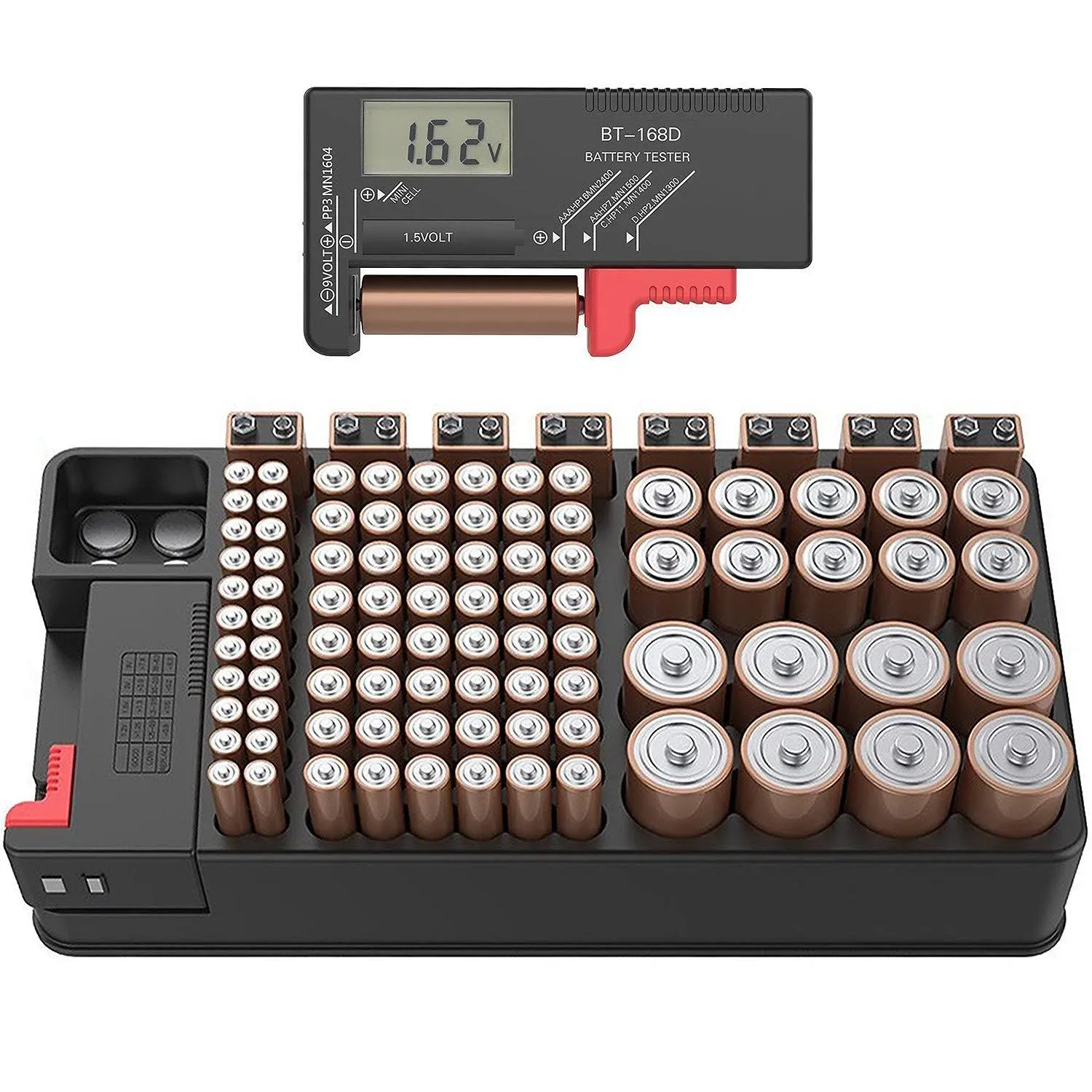 Battery Organizer Storage Case with Tester Can Hold 110 Battery Various Sizes for AAA, AA, 9V, C and D Size and Digital Battery Tester