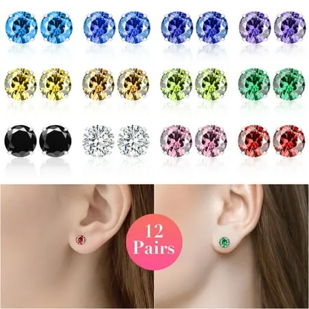 EEEkit 12 Pairs Stainless Steel CZ Stud Earrings for Women  Women s Cubic Zirconia Stud Earrings  Colorful Round Stud Earrings  Hypoallergenic Fashion Jewelry for Girls