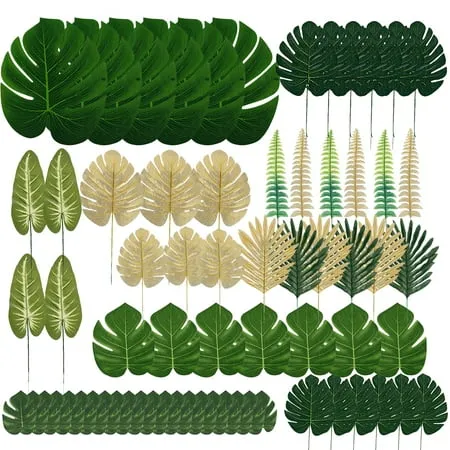 Endndsca 12 Pcs Artificial Palm Leaves Plants Faux Palm Fronds Tropical Large Palm Leaves Greenery Plant for Home Kitchen Party Arrangement Wedding Decoration (Green)