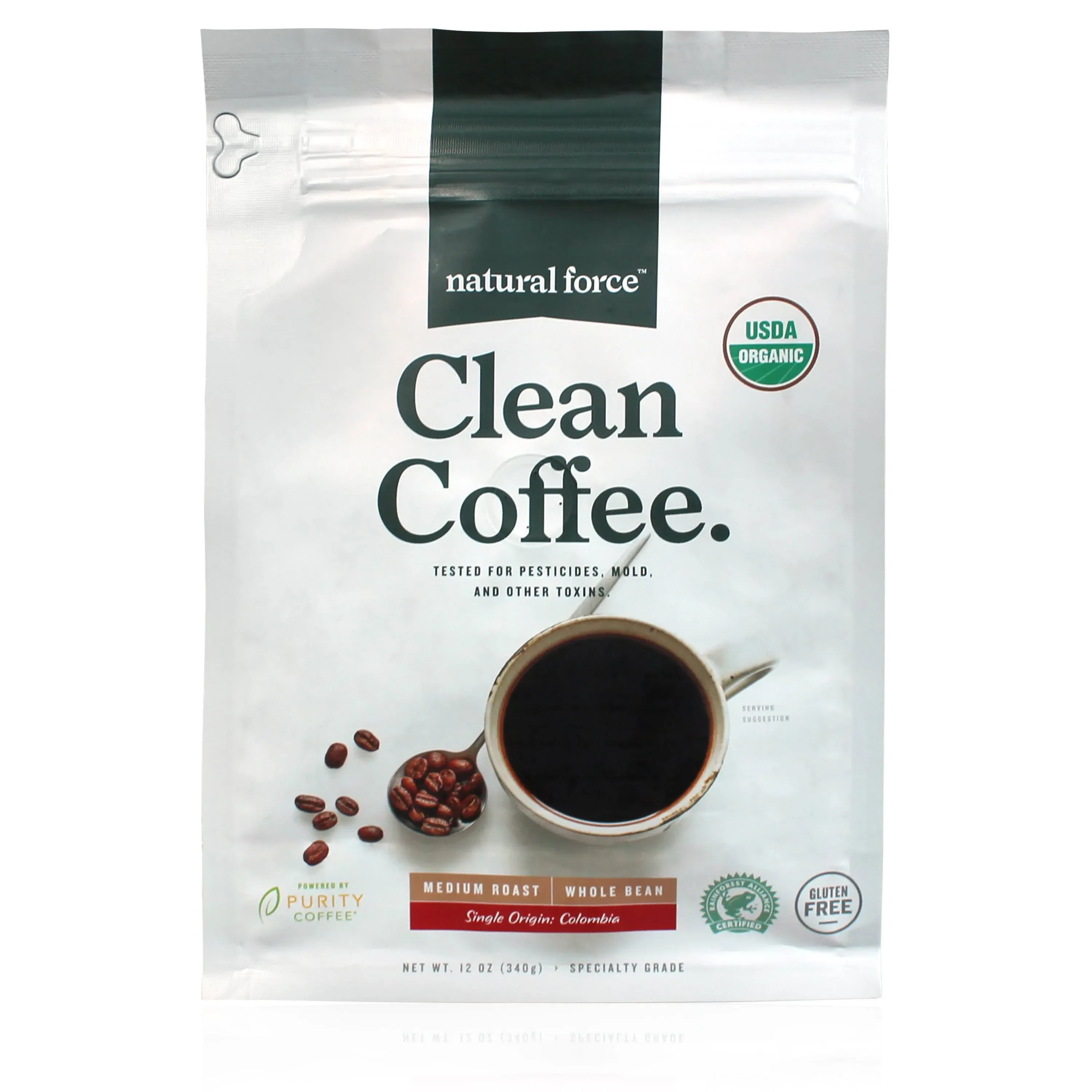 Natural Force Organic, Mold Free Clean Coffee - Low Acid, Whole Bean, Rainforest Alliance Certified Medium Roast - Great Taste + Aroma - Tested for Toxins and Powered by Purity - 12 Ounce Bag