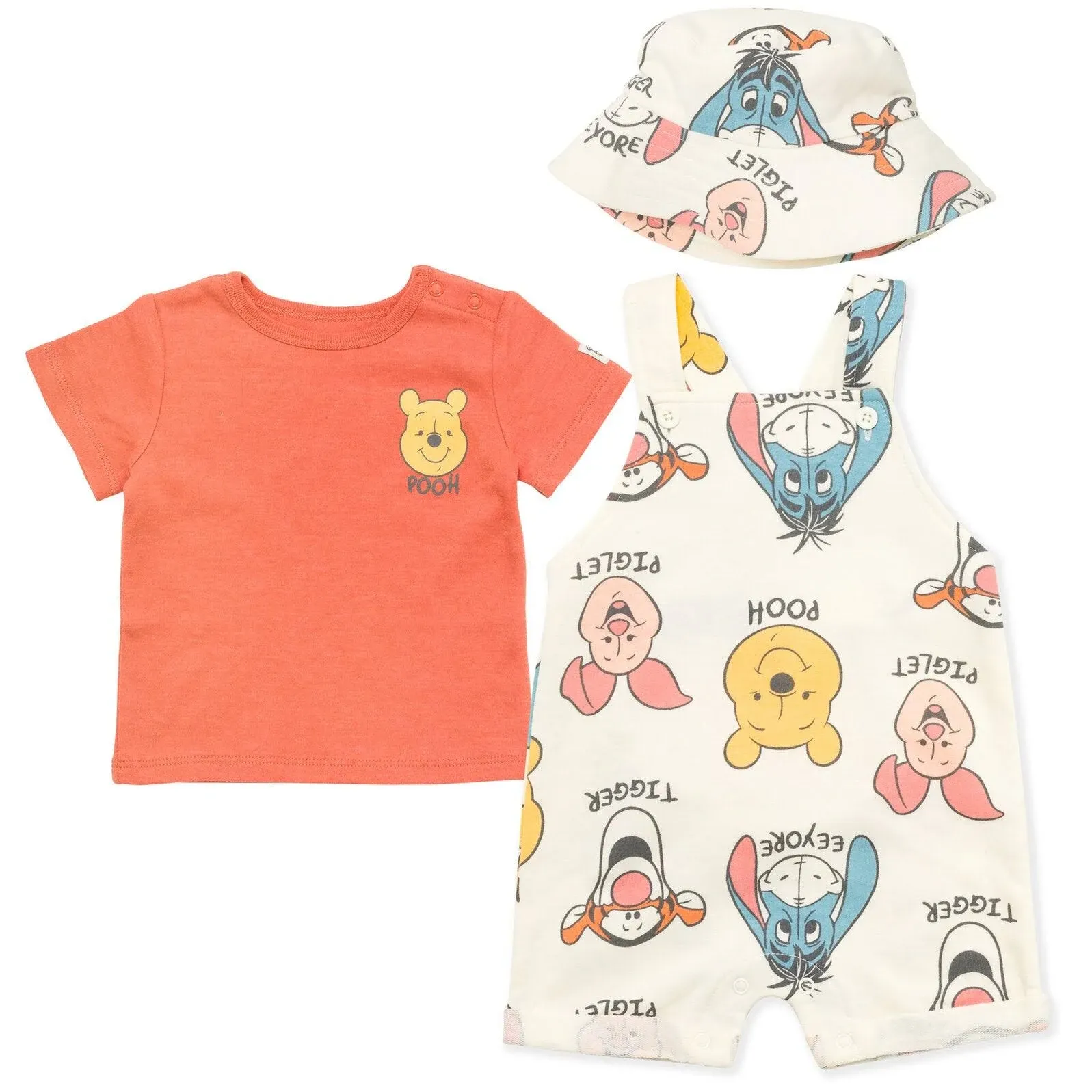 Disney Tigger Winnie the Pooh Baby French Terry Short Overalls T-Shirt and Hat 3 Piece Outfit Set Baby to Baby