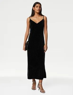 Womens M&S Collection Velvet Studded V-Neck Midi Slip Dress - Black, Black