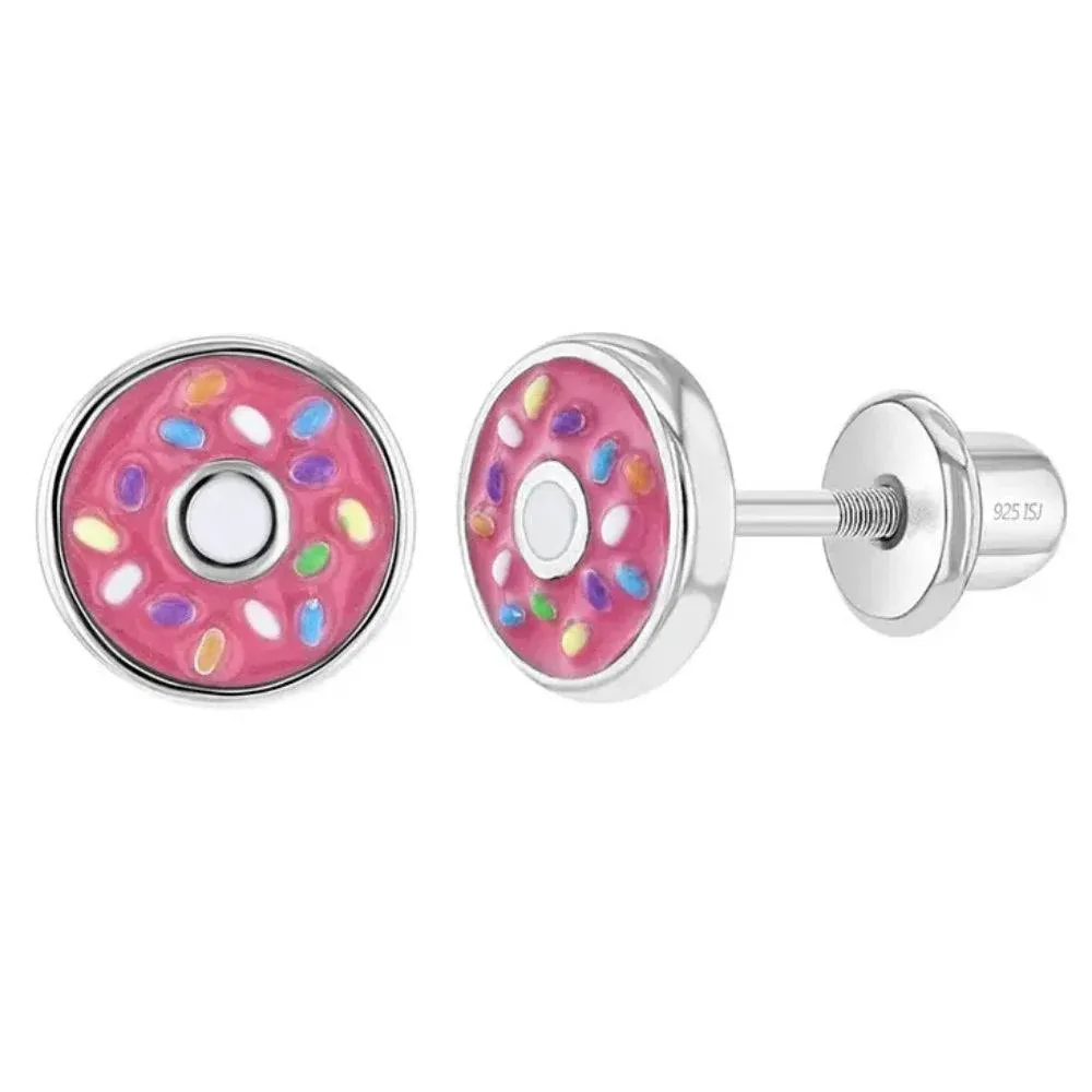 Girls' In Season Jewelry 925 Sterling Silver Fuchsia Enamel Donut Earrings with Colorful Sprinkles