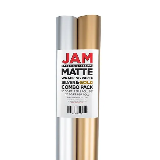 Jam Paper Assorted Gift Wrap - Matte Wrapping Paper - 50 Sq ft Total - Matte Gold & Silver Foil Combo Set - 2 Rolls/Pack