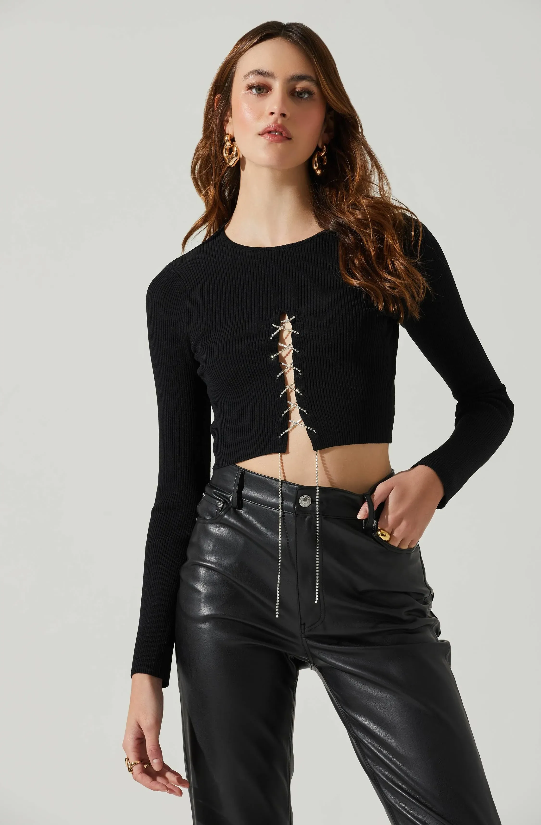 Astr The Label | Simone Rhinestone Lace Up Sweater | Size M | Black