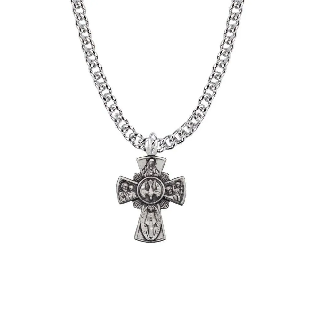 TrueFaithJewelry Sterling Silver 5 Way Medal Cross Medal Pendant Necklace Religious Jewelry