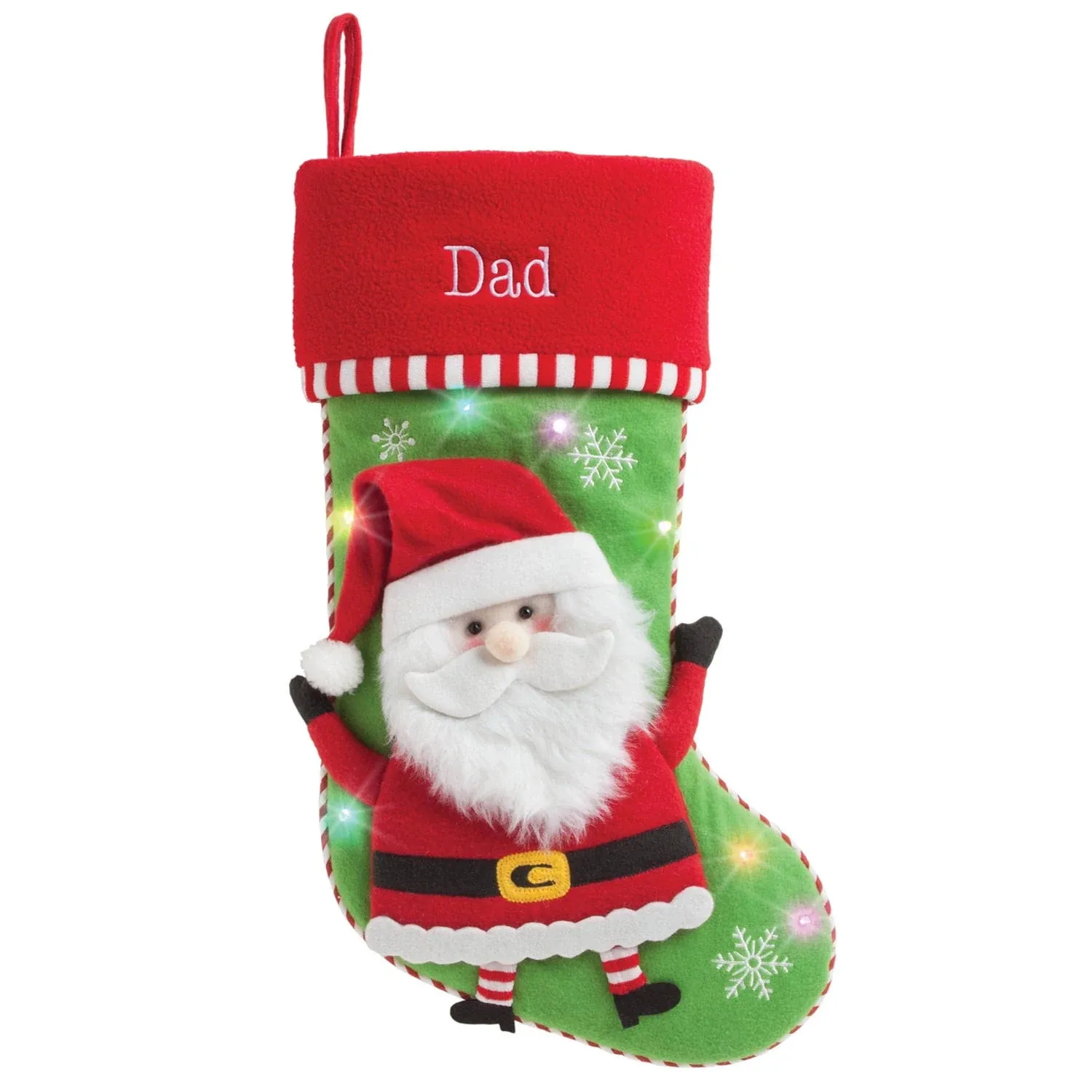 Personalized Planet Santa Claus Christmas Stocking with LED Lights and Custom Name Embroidery | 3-D Character Stocking with Colorful Twinkling Lights | Red Cuff | Festive Home Décor | Ready to Hang