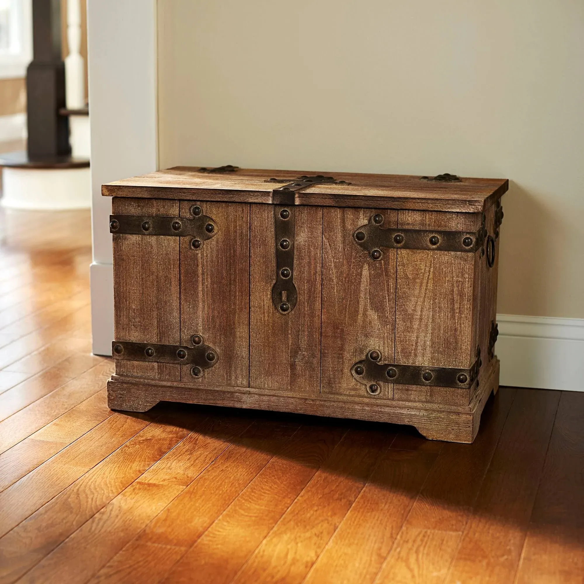 Household Essentials 2 Piece Decorative Trunks, Victorian Set, Small and Large, Chinese Fir Wood, Aged-Wood Finish with Metal Accents, Fully Opening Lid, Stout Design, Ring Handles