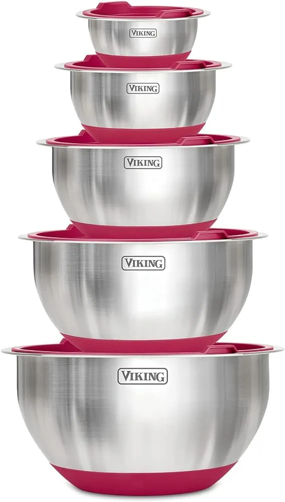 VIKING Culinary Stainless Steel Mixing Bowl Set, 10 piece, Non-slip Silicone Base, Includes Airtight Lids, Dishwasher Safe, Grey