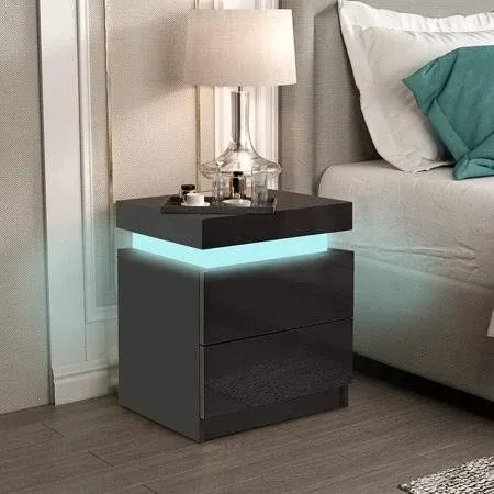 HOMMPA LED Nightstand Black Nightstand with Led Lights Modern Night Stand with 2 High Gloss Drawers Led Bedside Table Smart Nightstand for Bedroom 20.5” Tall