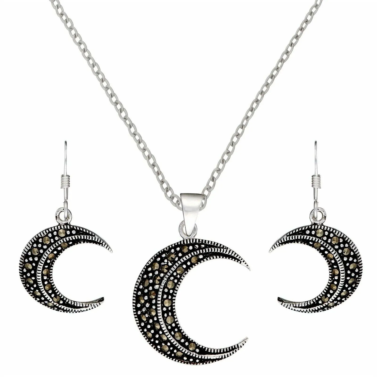 Sterling Silver Earrings Jewellery Set Marcasite Crescent Moon Wicca - Silverly