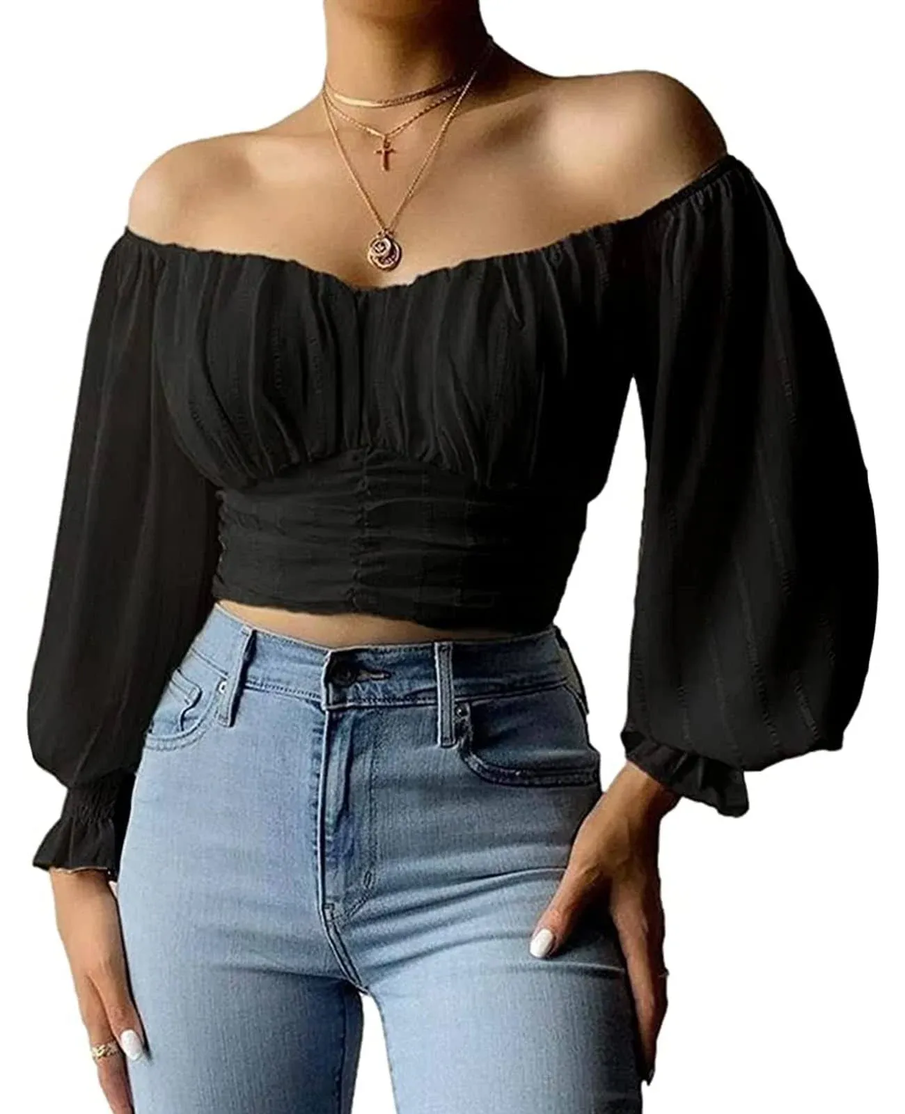 MIRACMODA Womens Elegant Off The Shoulder Puff Sleeve Blouse Summer Chiffon Slim