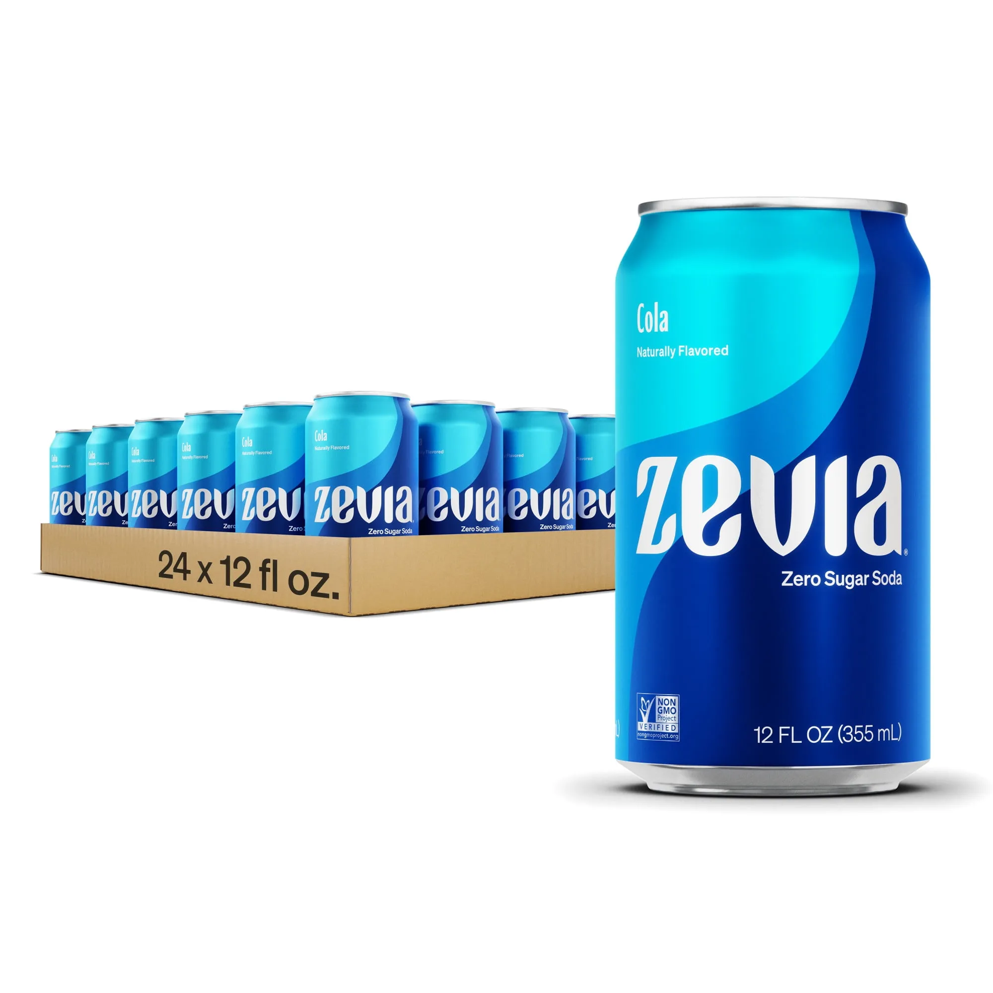 Zevia Zero Sugar Cola Soda Pop, 12 fl oz, 24 Pack of Cans