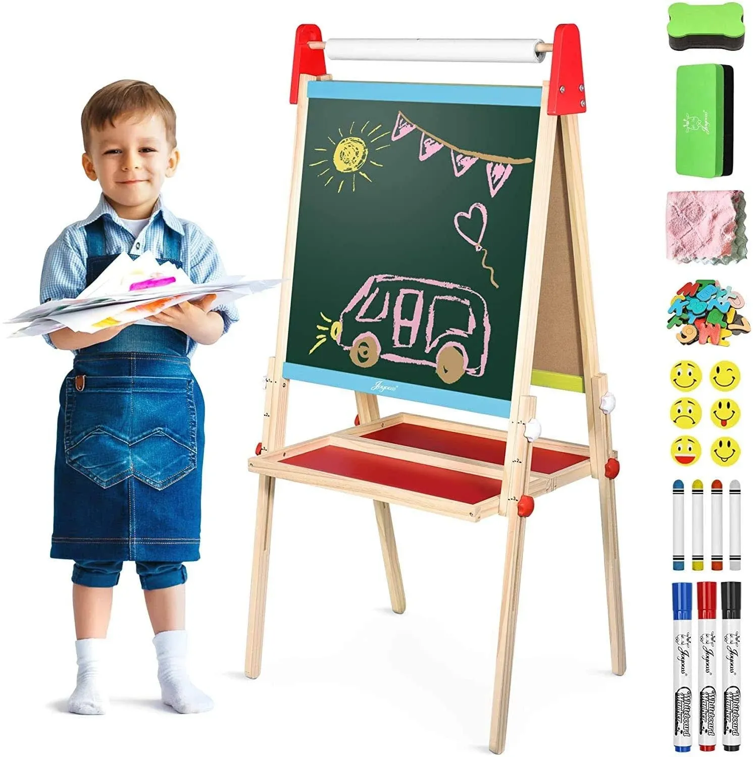 Joyooss Wooden Foldable Kids Easel with Paper Roll, Double Sided Magnetic ...