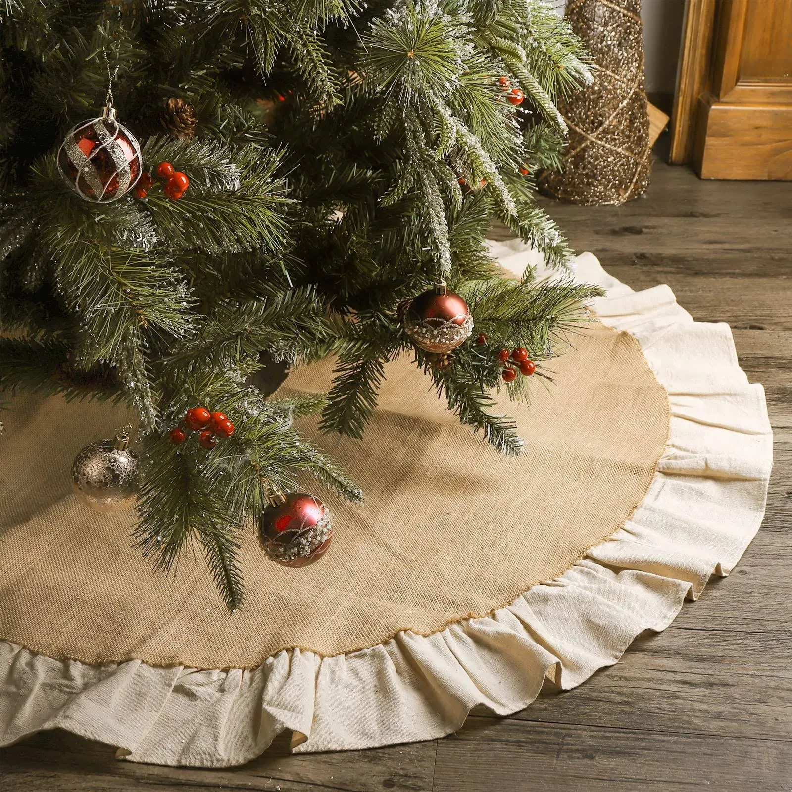 Ivenf 48 Inches Natural Burlap Jute Ruffle Edge Rustic Christmas Tree Skirt