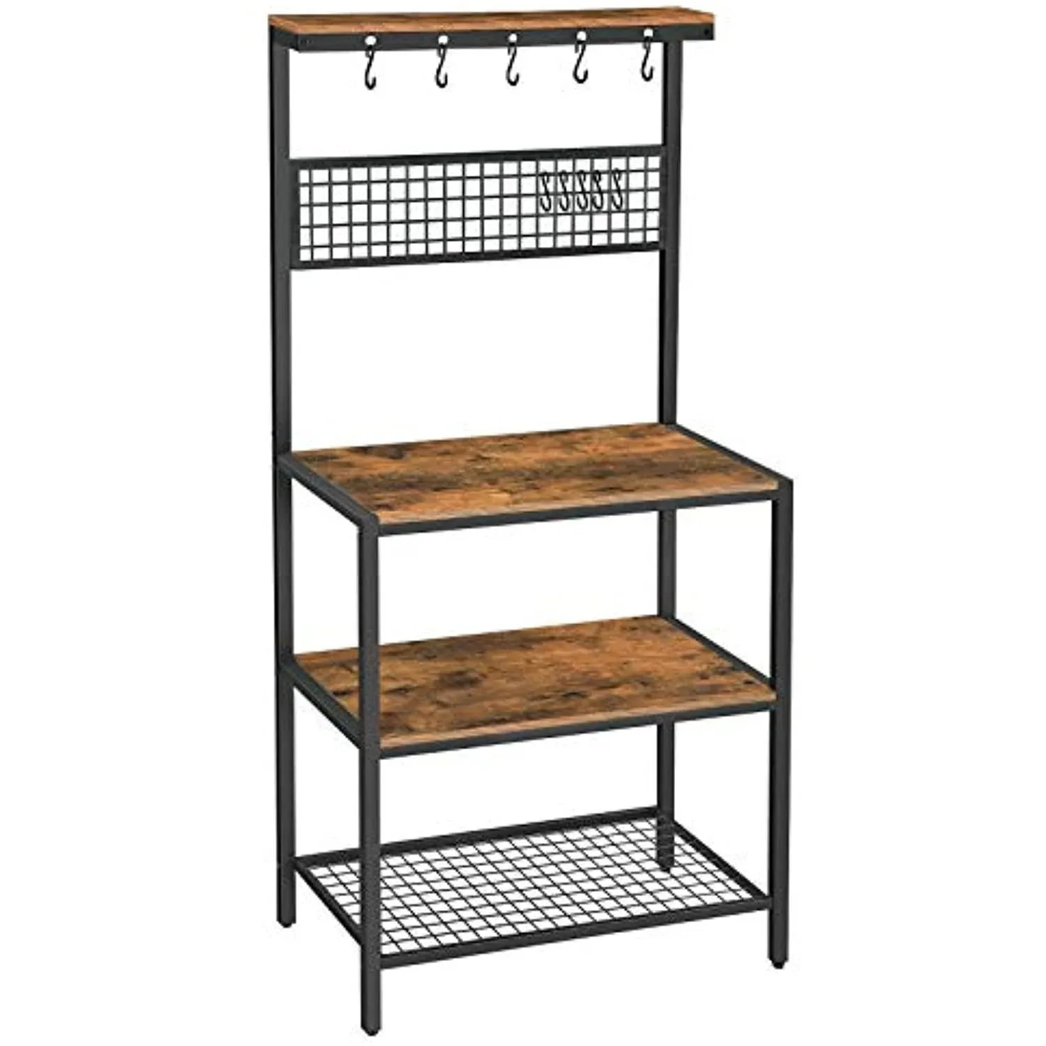 VASAGLE Hutch Bakers Rack with Power Outlet, 14 Hooks Microwave Stand, Adjustable Coffee Bar with Metal Wire Panel, Kitchen Storage Shelf, 15.7 x 23.6 x 66.9 Inches, Greige and Black UKKS037B02