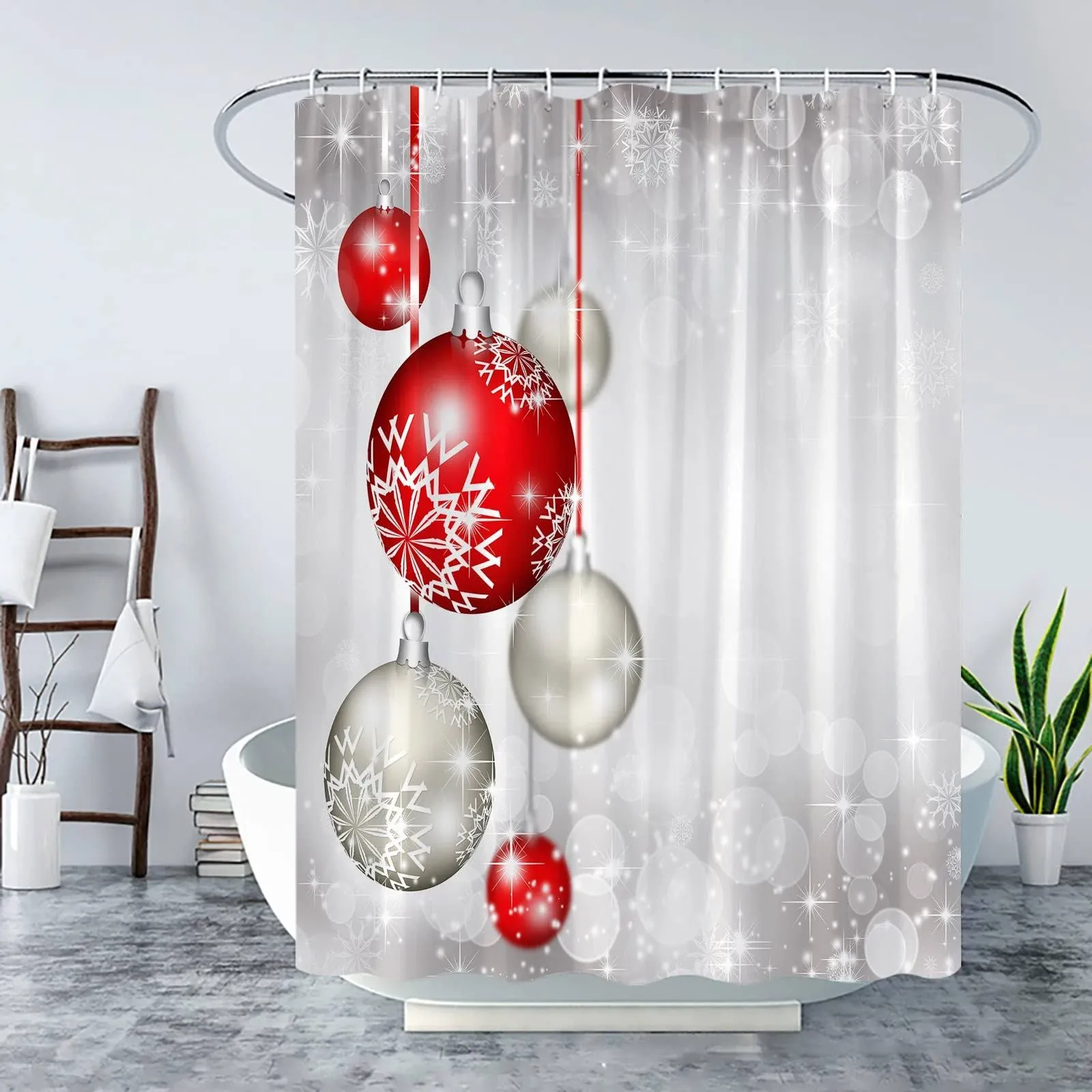 Merry Christmas Shower Curtain Red and Silver Xmas Ball White Snowflake Winte...