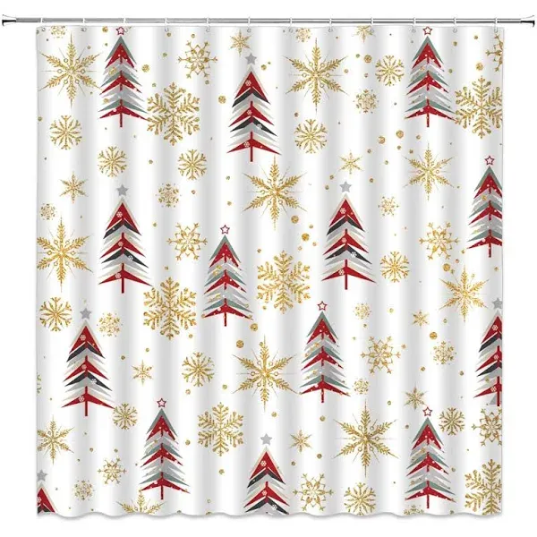 AMHNF Christmas Tree Shower Curtain Colorful Xmas Tree Gold Snowflake Merry Chri