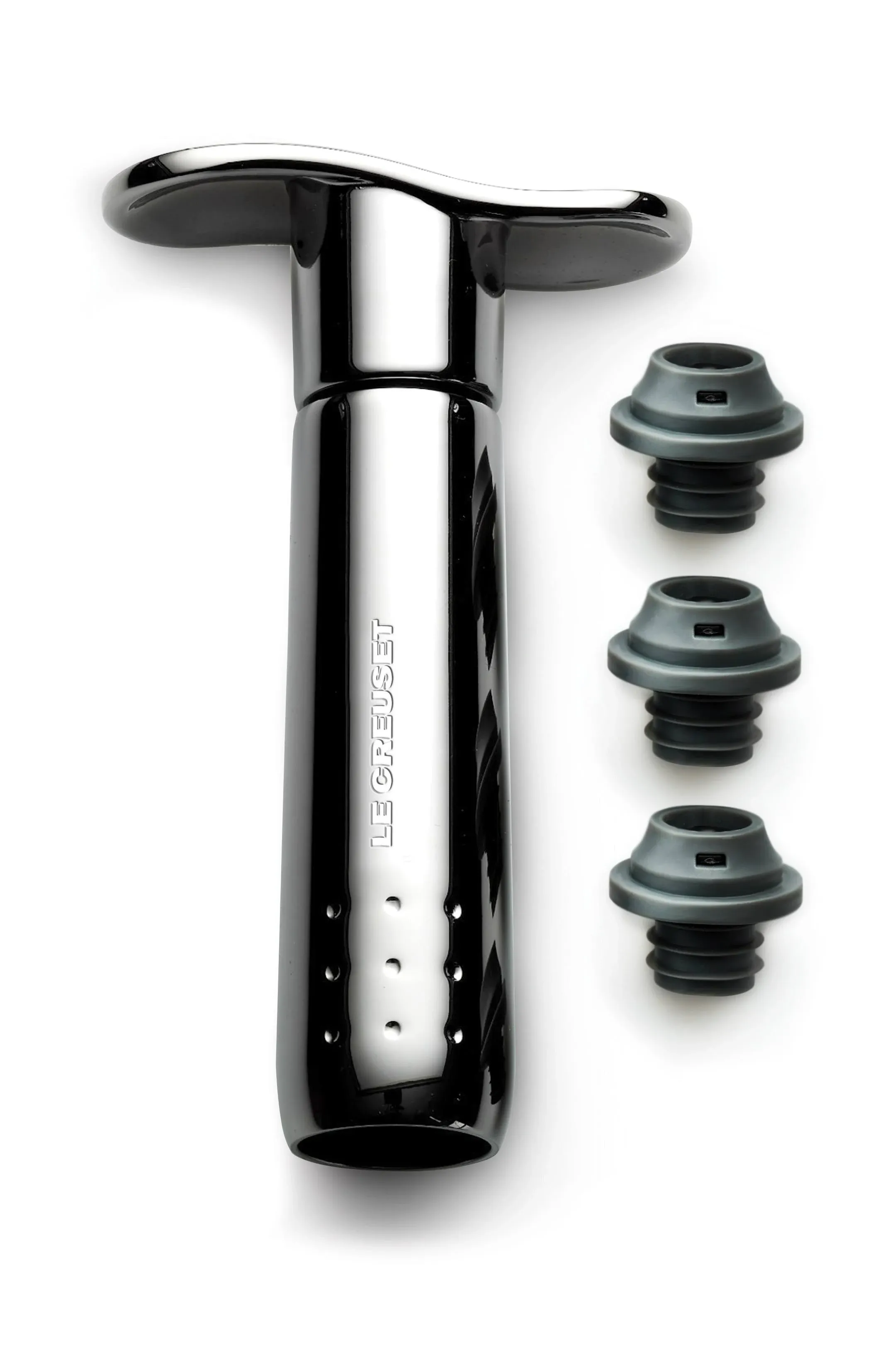 Le Creuset Wine Accessories Metal Wine Pump and 3 Stoppers, Black Nickel, 59014016001625