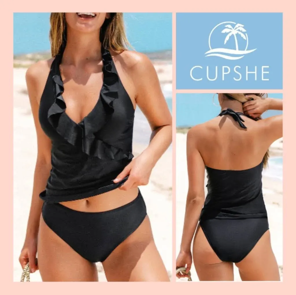 CUPSHE Damen Tankini Set Neckholder Volant Tankinis Bademode V Ausschnitt Wickeloptik Mid Waist Zweiteiliger Badeanzug Swimsuit Schwarz XL