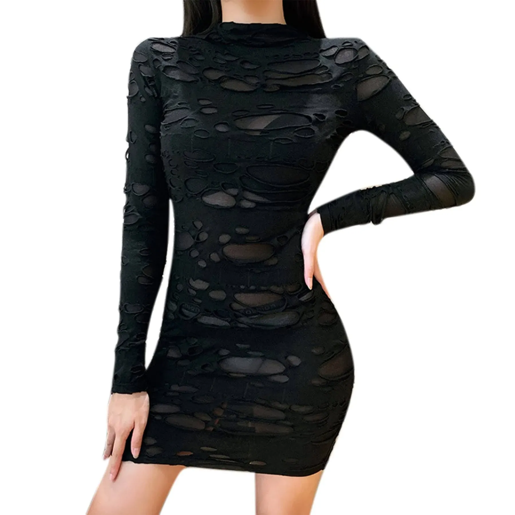 Suillty Women&#039;s Gothic Black Mesh Hole Long Sleeve Mini Dress Vintage Punk Bodyc