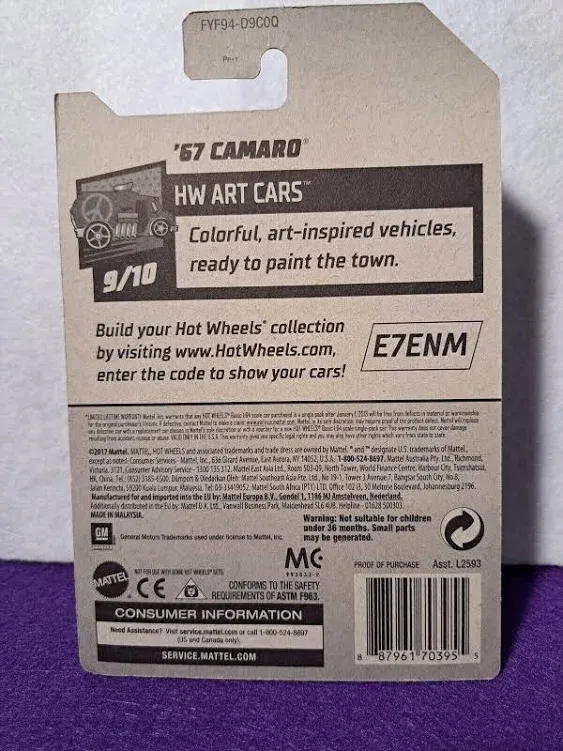 Hot Wheels 2019 Treasure Hunt Hw Art Cars 9/10 - '67 Camaro