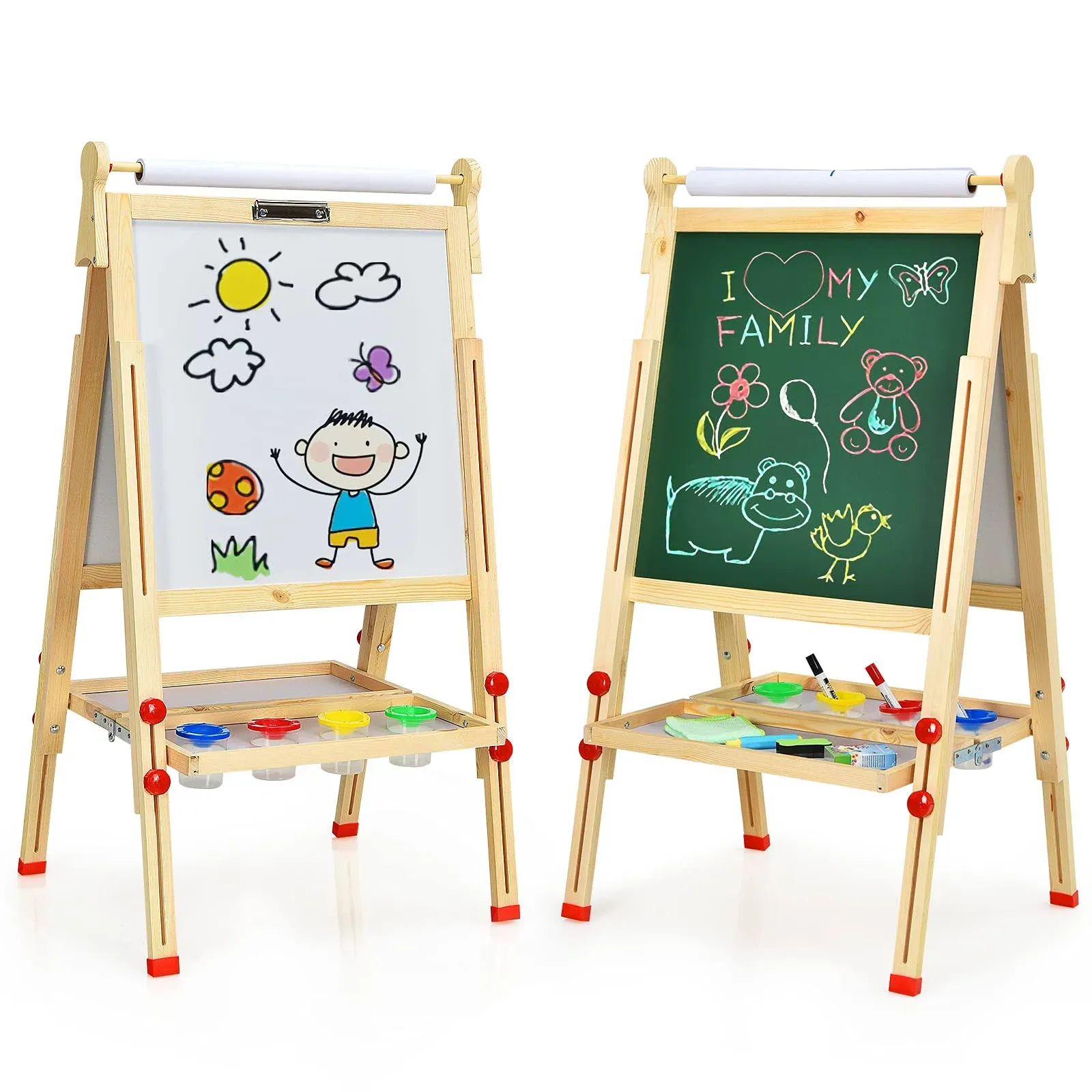 Gymax Kids Art Easel w/Paper Roll Double-Sided Adjustable Drawing Easel Board