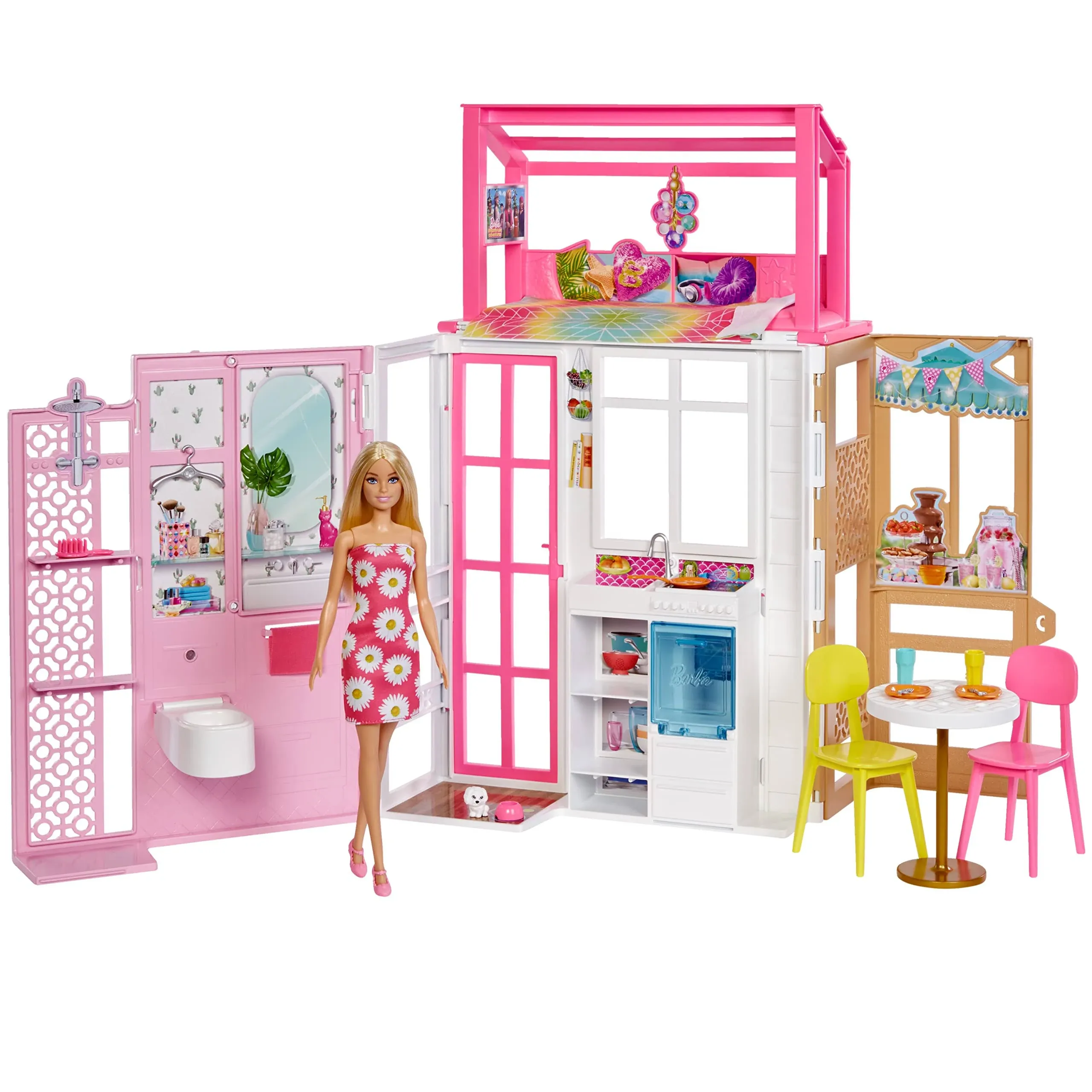 Barbie Dollhouse with Doll, 2 Levels & 4 Play Areas, Fully Furnished HCD48 NEW  | eBay