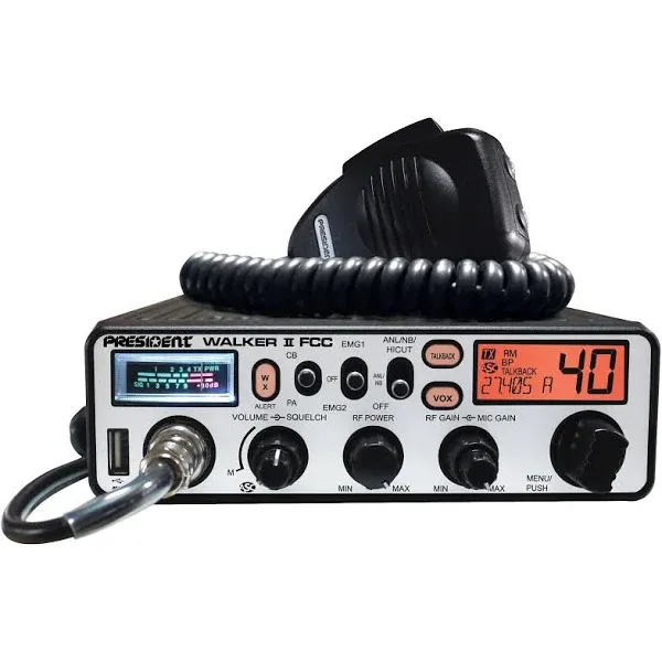 President Walker III FCC AM/FM CB Radio, USB Charging Socket, Roger Beep, Mic Gain, Scan/Scan Skip, 2 Programmable Priority Channels, Talkback TXUS200