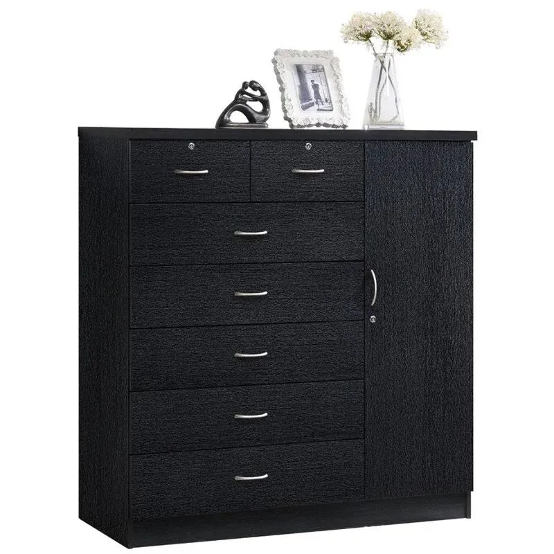 Pemberly Row Contemporary 7 Drawer Wood Chest with 2 Locking Drawers in Black