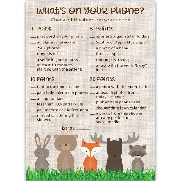 Woodland Animals Baby Shower Game — What's on Your Phone Baby Shower Game ...