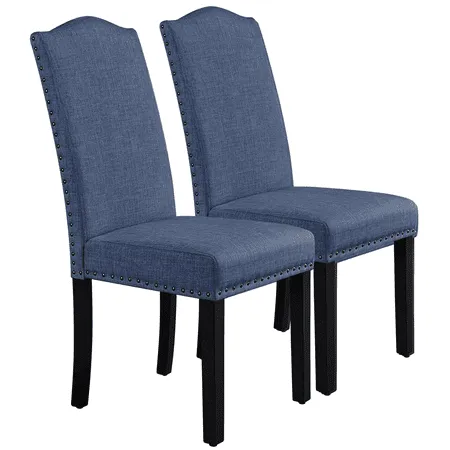 Yaheetech Set of 2 Classic Dining Chair Fabric Upholstered Kitchen Chair with Nailhead Trim Solid Wood Legs Blue