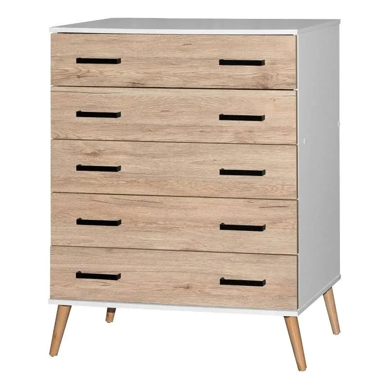 Better Home Products Eli Mid-Century Modern 5 Drawer Chest in White & Oak