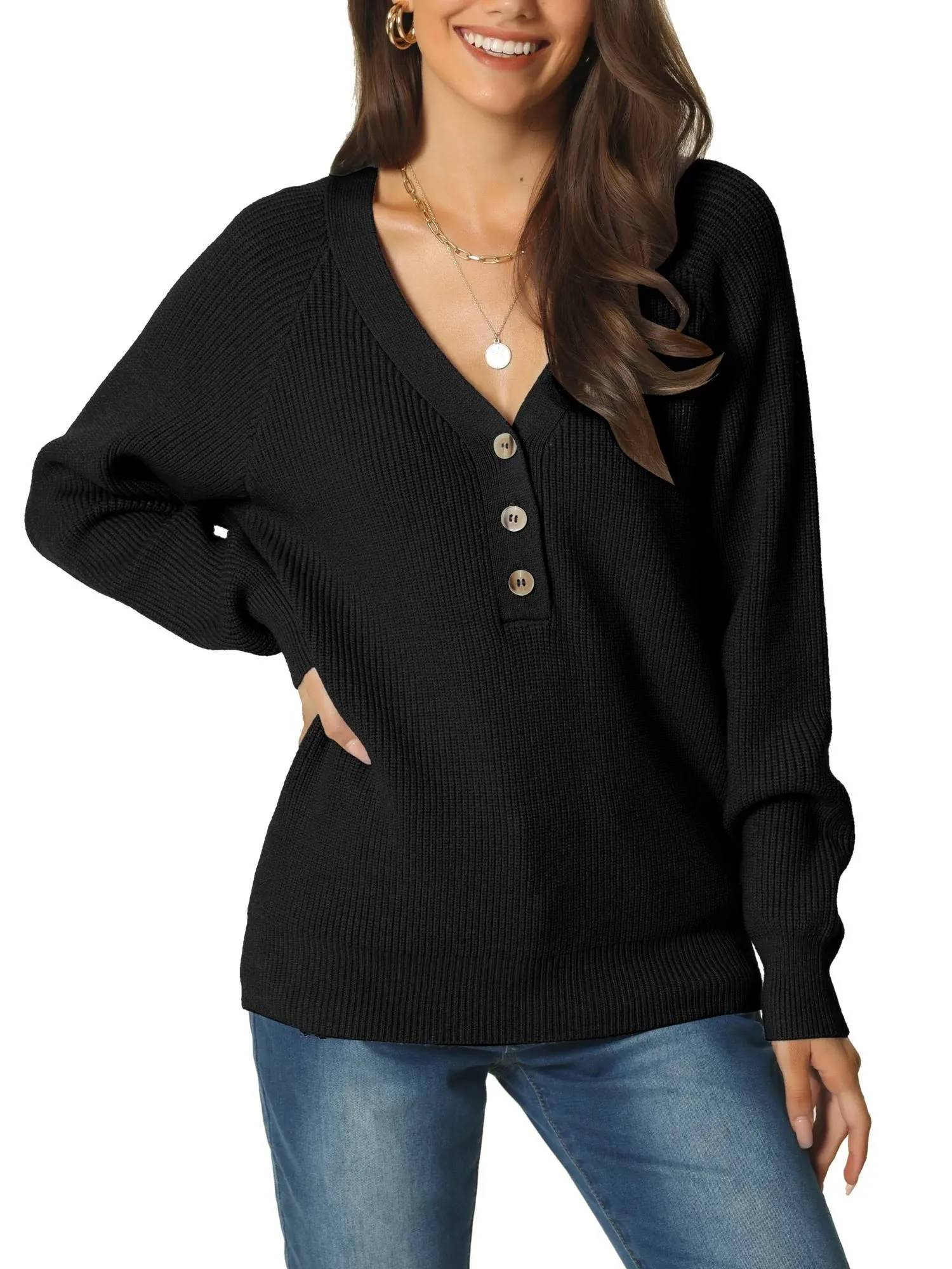 Seta T Women's Long Sleeve V Neck Button Front Solid Ribbed Knit Pullover Sweater