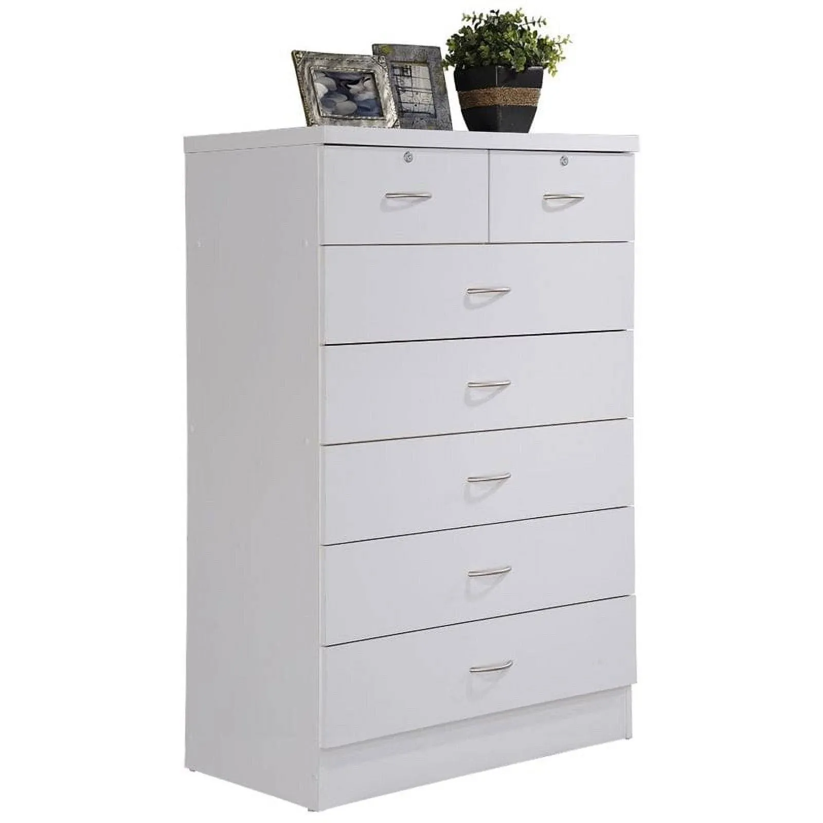 Pemberly Row 47" Contemporary Wood Chest with 5 Large Drawers & 2 Locking Top Drawers, Side Door, 3 Adjustable Shelves, Simple Design, in White Finish