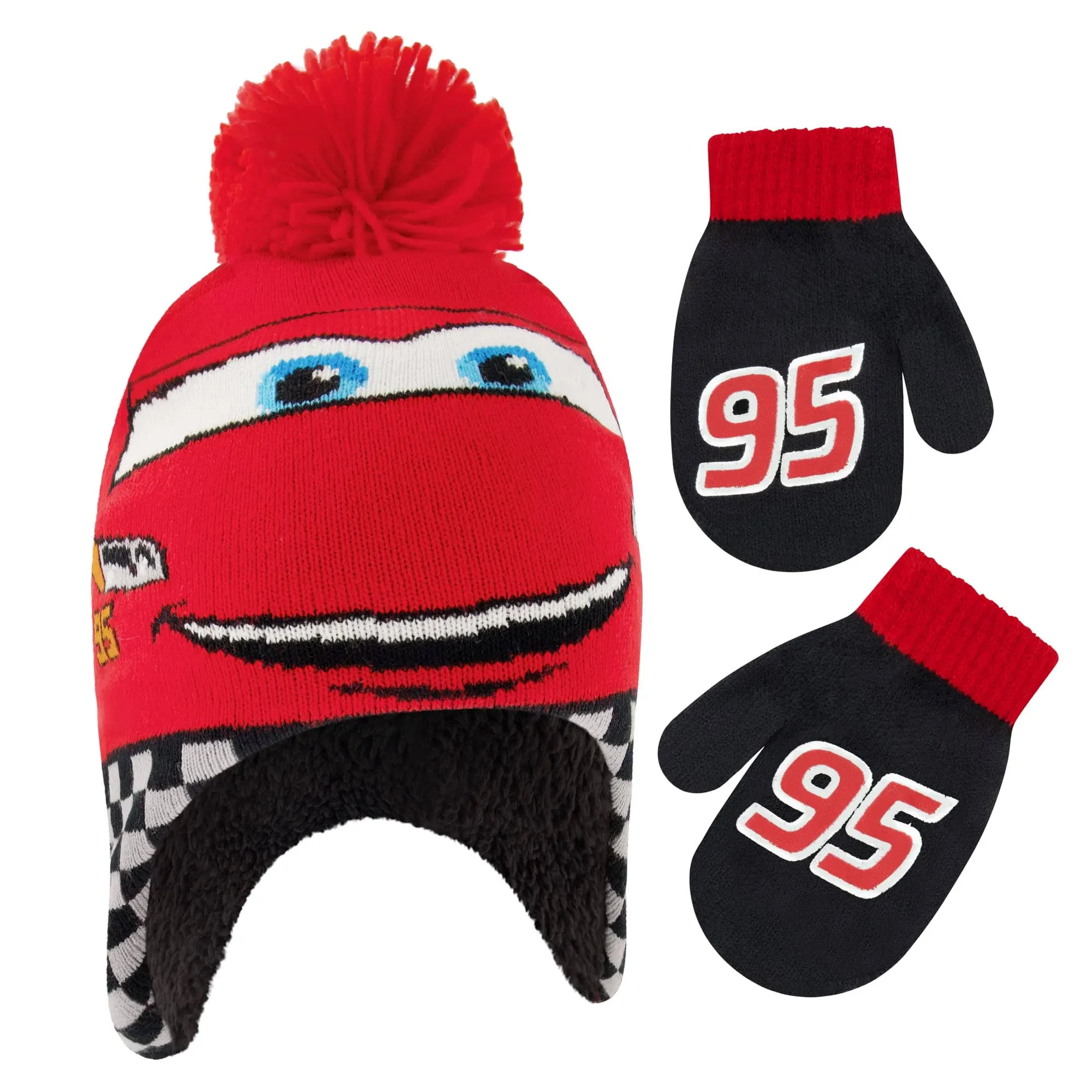 Disney Cars Lightning McQueen Hat and Mitten set-Black/Red, Toddler Boys Ages 2-4