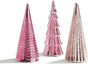 LampLust Table Top Christmas Tree Decorations with Fairy Lights, Set of 3 Assorted Trees, 10 Inch Tall, Pink Mercury Glass Finish, Batteries Included, Holiday Table Centerpiece and Mantle Decor