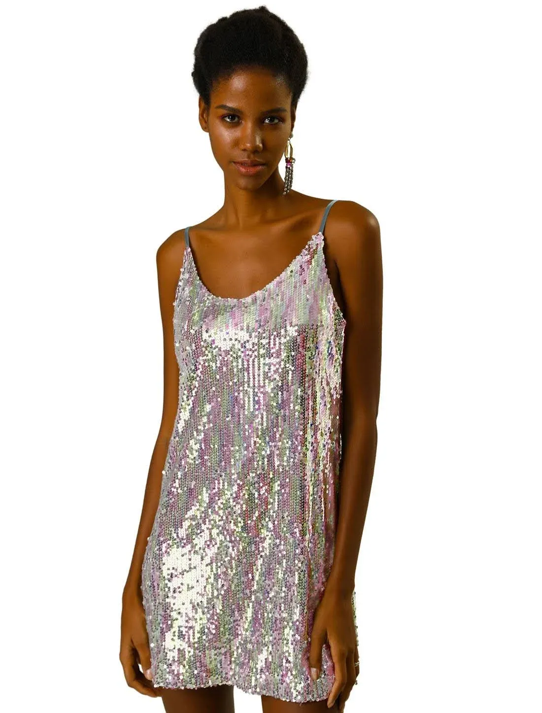 Allegra K Women's Glitter Sequin V Neck Spaghetti Strap Mini Party Dress - Black - L