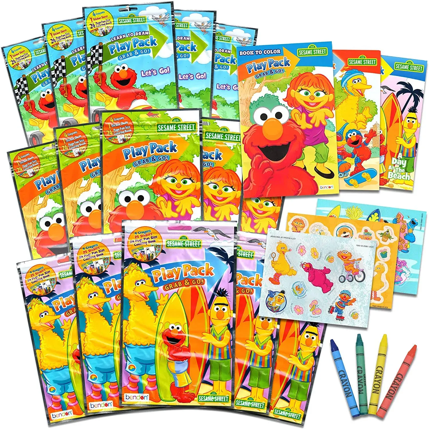 Bendon Set of 15 Kids Play Packs Bundle ~ Fun Party Favors Coloring Book Crayons Stickers Loot Bags (Sesame Street), Size: 450 Piece Set, Beige