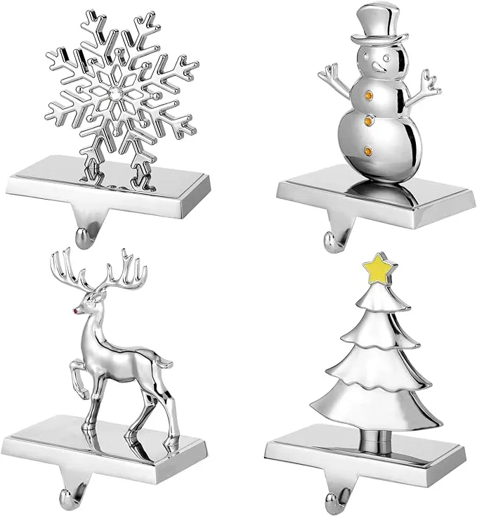 Set of 4 Christmas Stocking Holders for Mantle, 4 Pack Holiday Christmas Decorations - Tree, Snowman, Reindeer, and Snowflake 3D Sliver Sturdy Stocking Hook for Fireplace Counter Window Decoration