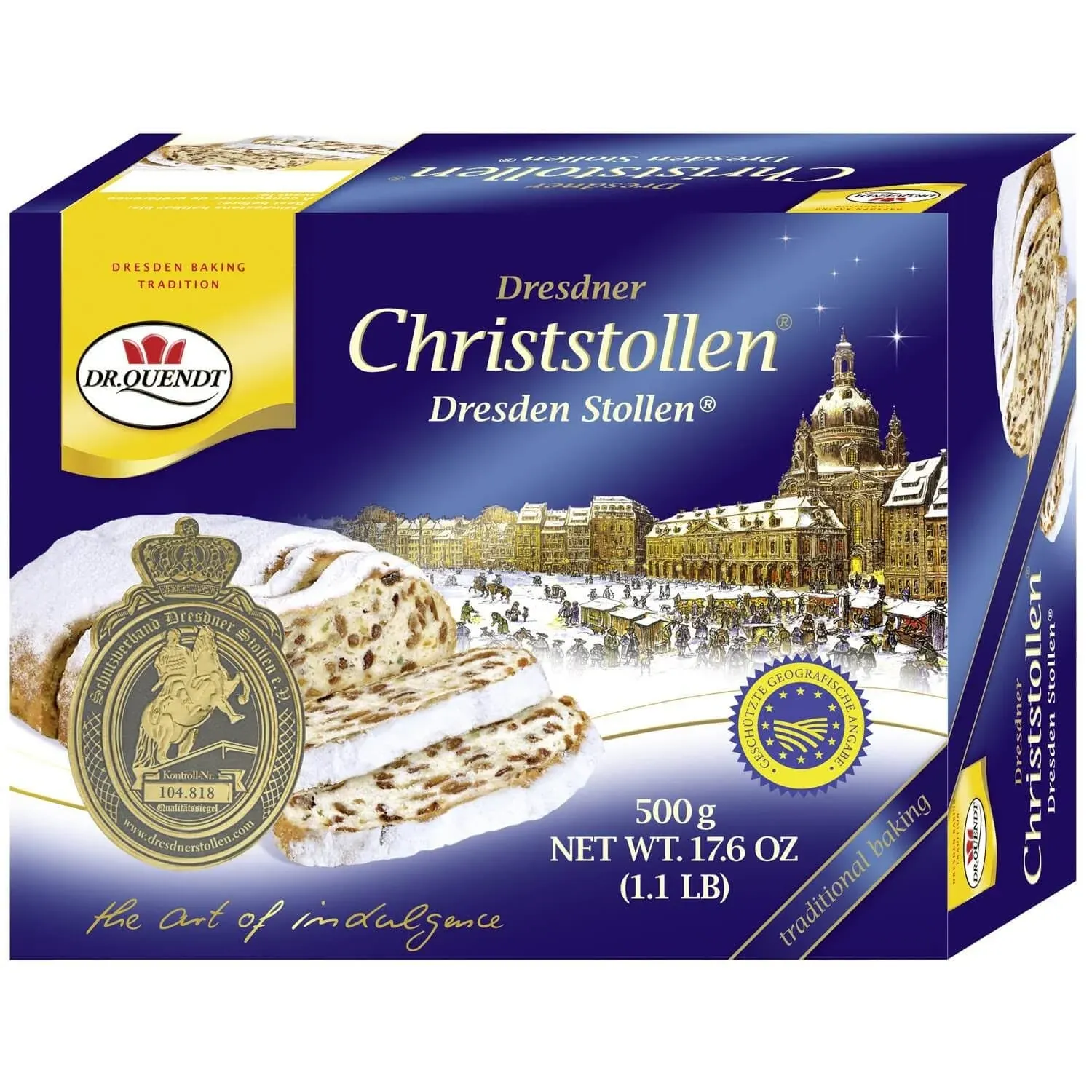 Dr. Quendt Christstollen Traditional Stollen Recipe Iconic Holiday Sweet Bread Heavy Yeast Dough with Butter, Rum Raisins, Cake is Densely Coated in Confection Sugar, Imported from Germany 1kg