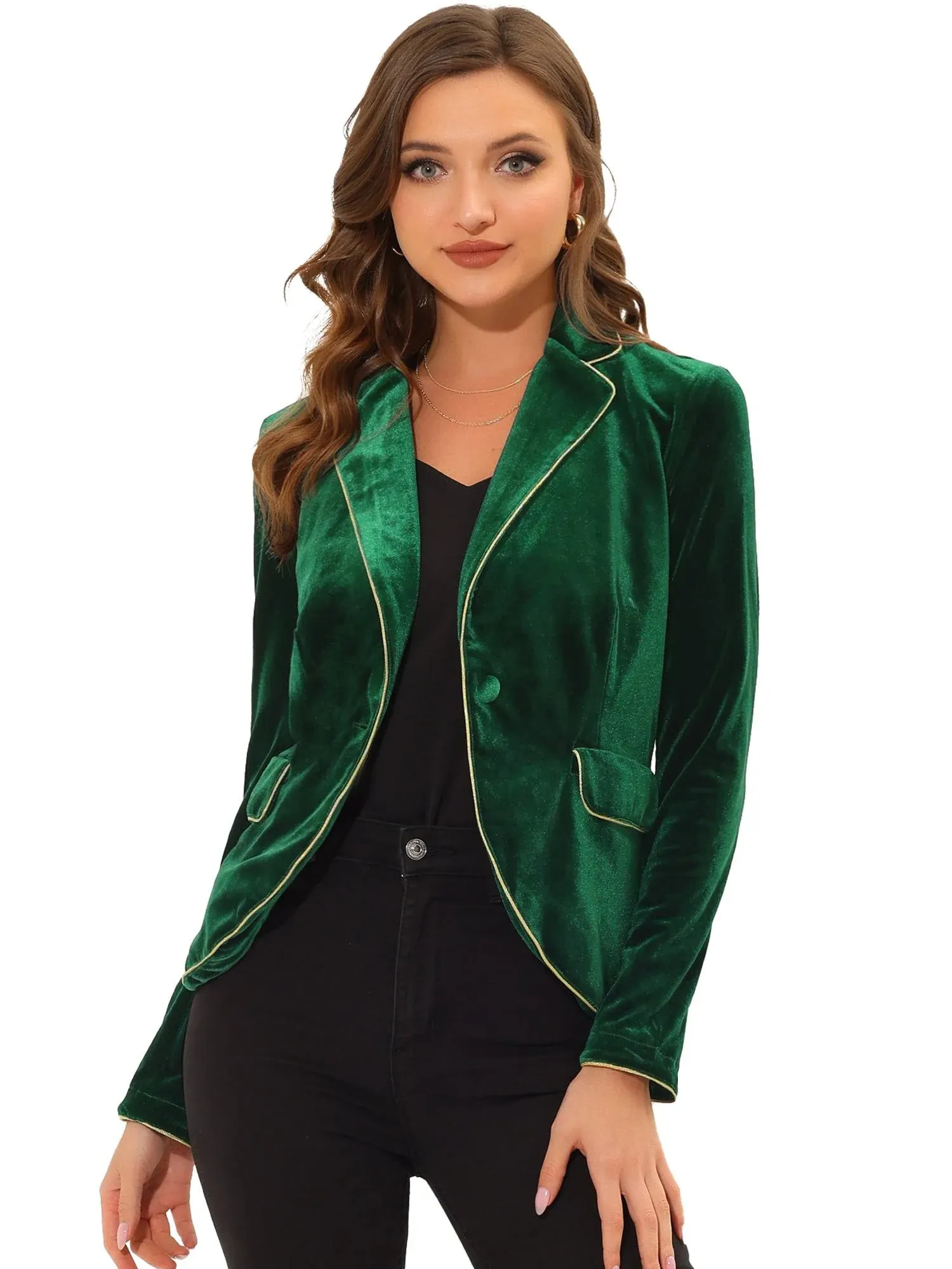 Allegra K Women's Suit Jacket Notched Lapel 1 Button Office Velvet Blazer