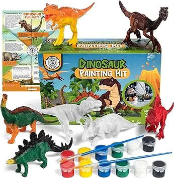 Kids Crafts Dinosaur Painting Kit by Coastline Craft (Ages 3+) Paint Your Own Dinosaur Toys Activity Kit w/ Kid-Safe Washable Paint, Brushes, T-Rex,