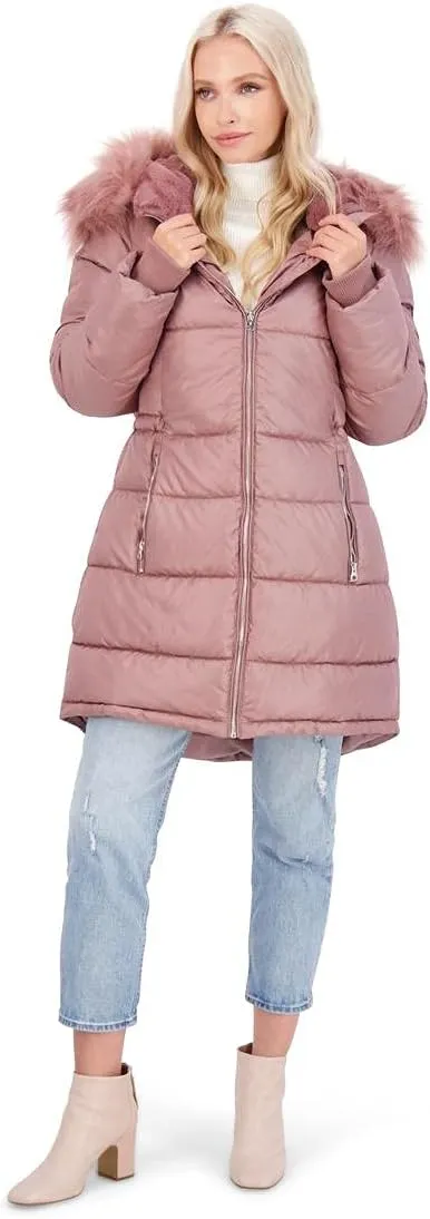 Jessica Simpson Womens Faux Fur Warm Puffer Coat - Pink - Medium