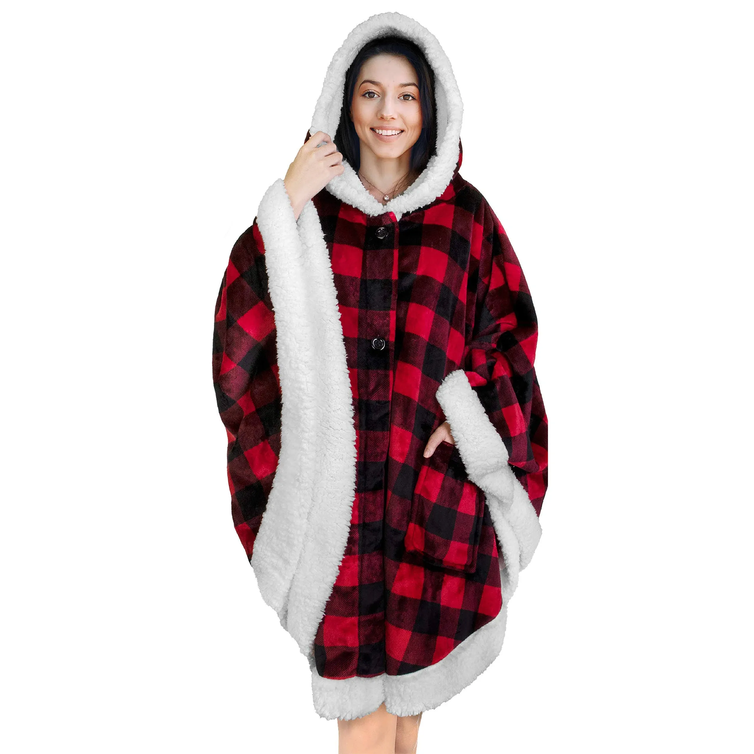 PAVILIA Angel Wrap Hooded Blanket, Wearable Blanket Women, Cozy Poncho Wrap Throw for Adult, Plush Soft Sherpa Fleece Cape Shawl with Pockets Hood, Gift for Wife Mother, Wine Red