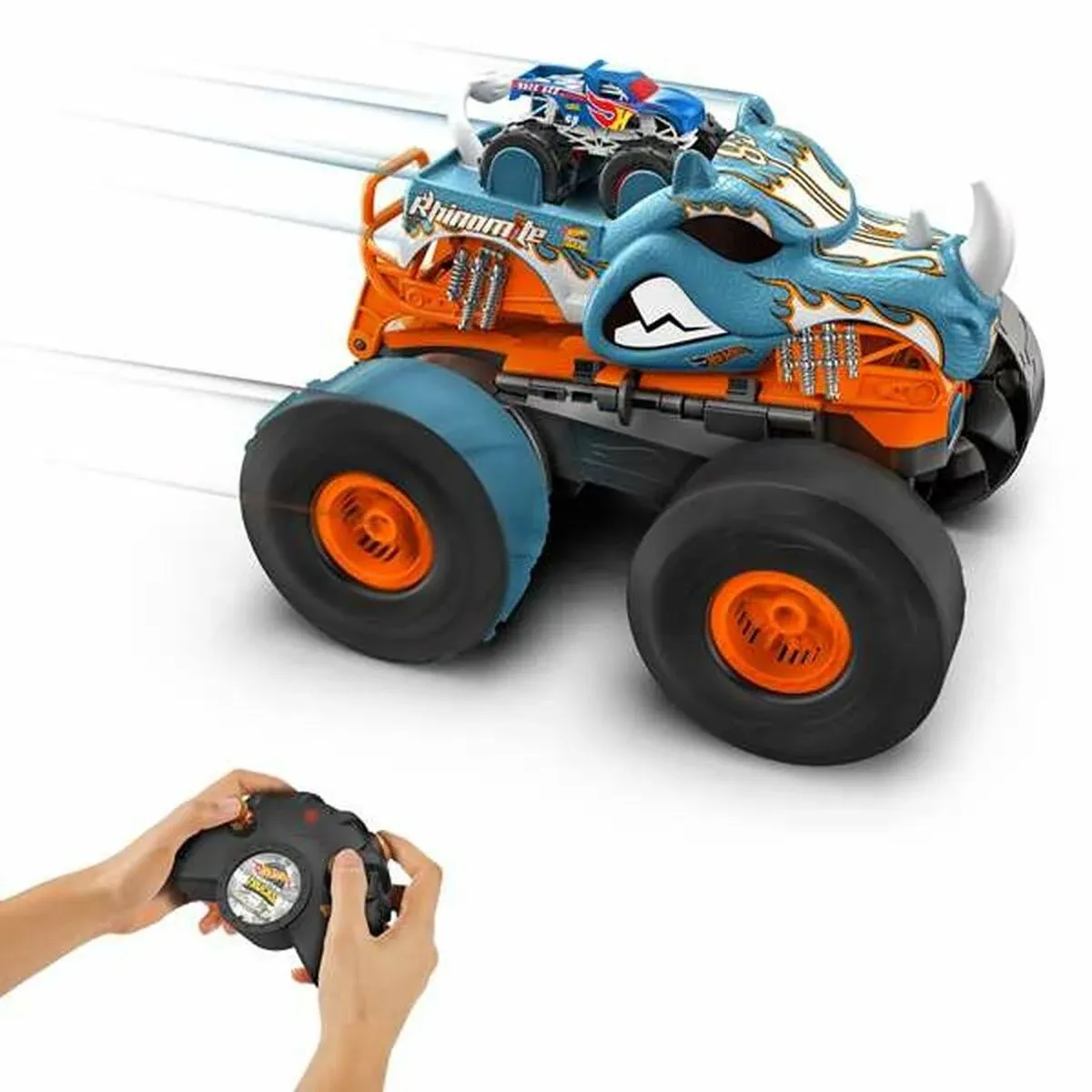 Hot Wheels Monster Trucks RC Rhinomite Transforms into Launcher, Includes 1:64 Scale Toy Truck