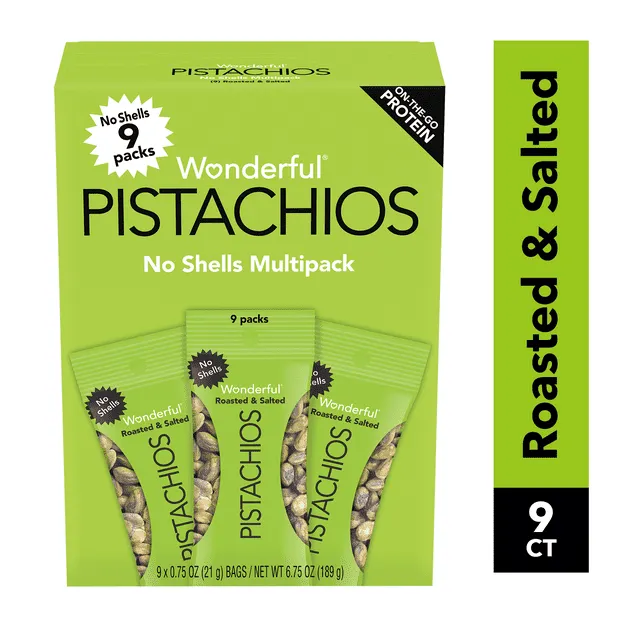 Wonderful Pistachios, No Shells, Roasted & Salted Nuts, 0.75oz (Pack of 9)