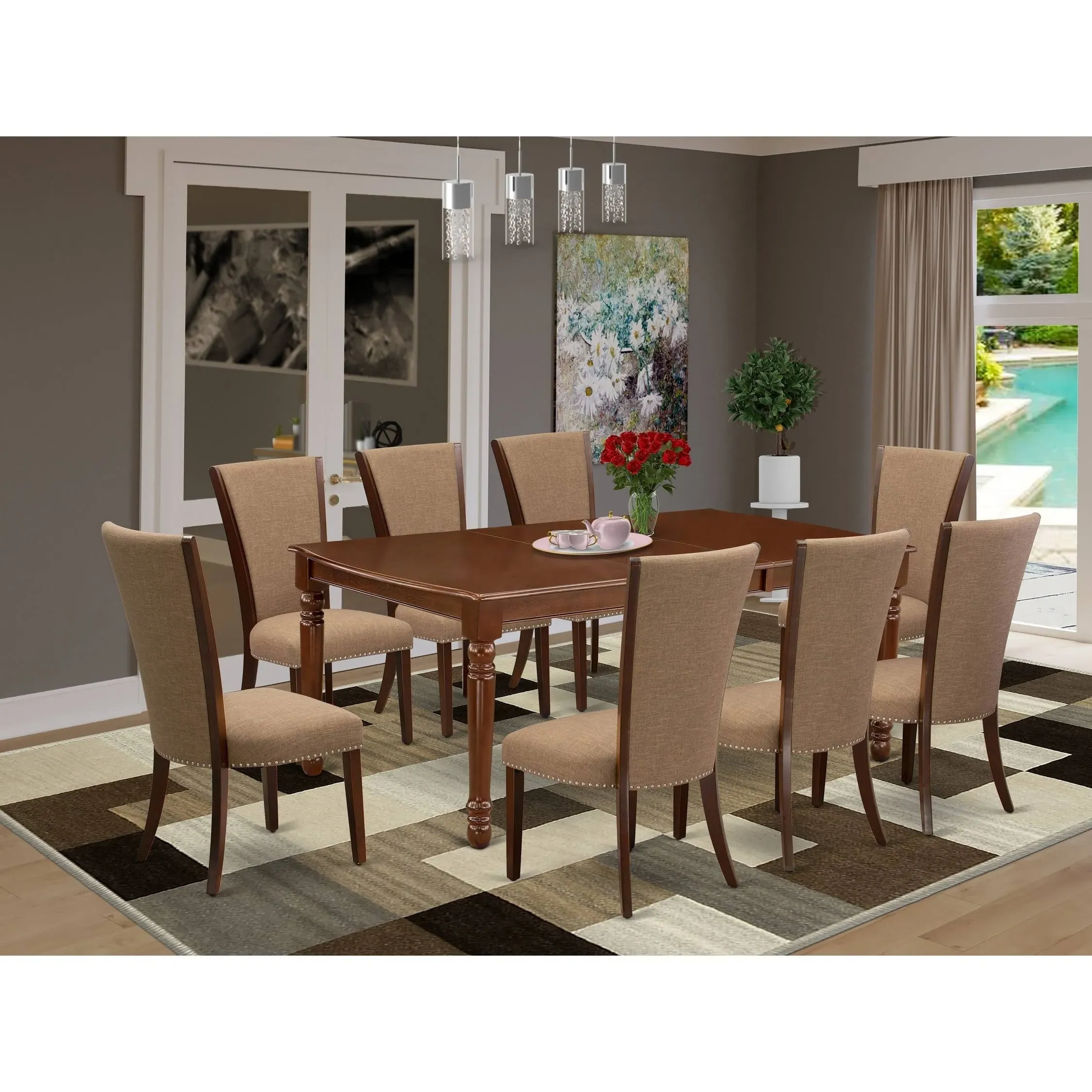 East-West Furniture DOVE9-MAH-47 - A dining room table set of 8 great indoor dining chairs with Linen Fabric Light Sable color and a stunning wood kitchen table with Mahogany Finish