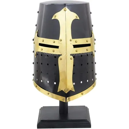 Medieval Knight Crusader Templar Helmet Black Mason Brass Cross | Halloween Party Costume Face Mask Helmets | LARP Black Armor Steel Helmets | Collectible Gifts Ideas | Adult Wearable